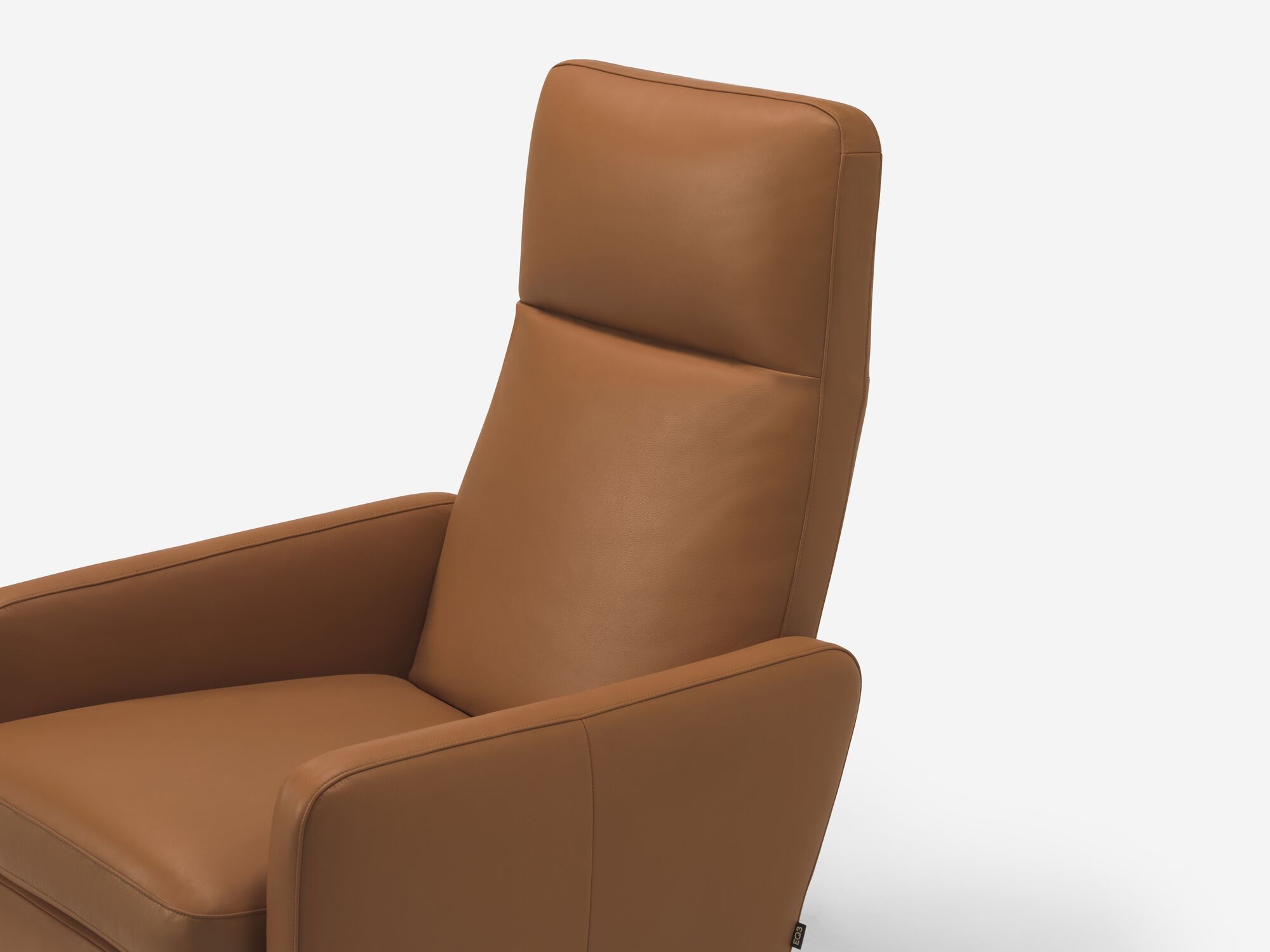 Front angle detail view of brown leather reclining chair